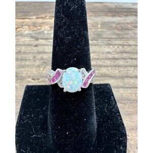Opal and Pink Topaz Dinner Ring in Sterling Silver Size 7.5
